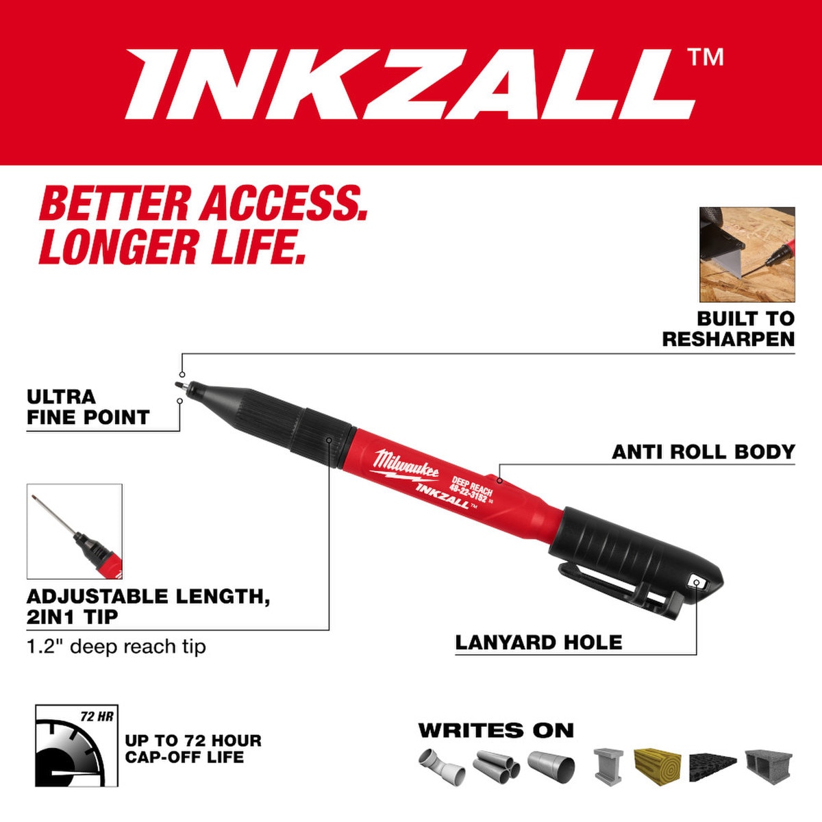 INKZALL 2IN1 Deep Reach Ultra Fine Point Black Jobsite Marker | Bolts ...